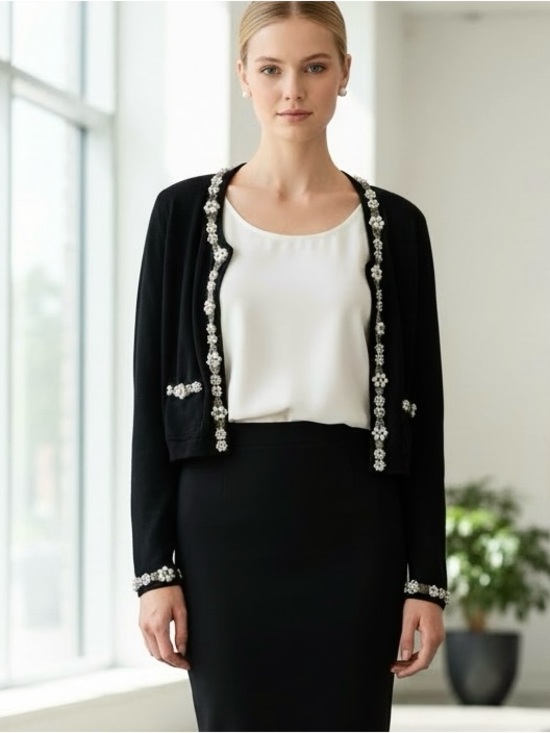 Berek Takako Sakon Sweaters - Vintage Berek Takako Sakon Cropped Black Cardigan with Pearls And Sequins Trim